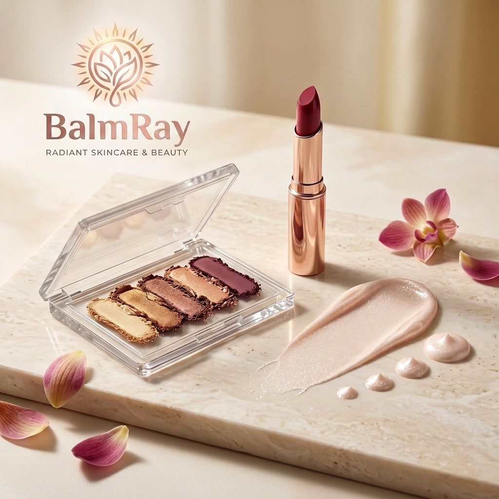 BalmRay Radiant Color & Glow Collection – Five-Shade Eye Palette, Rose Lipstick and Pearlescent Complexion Illuminator